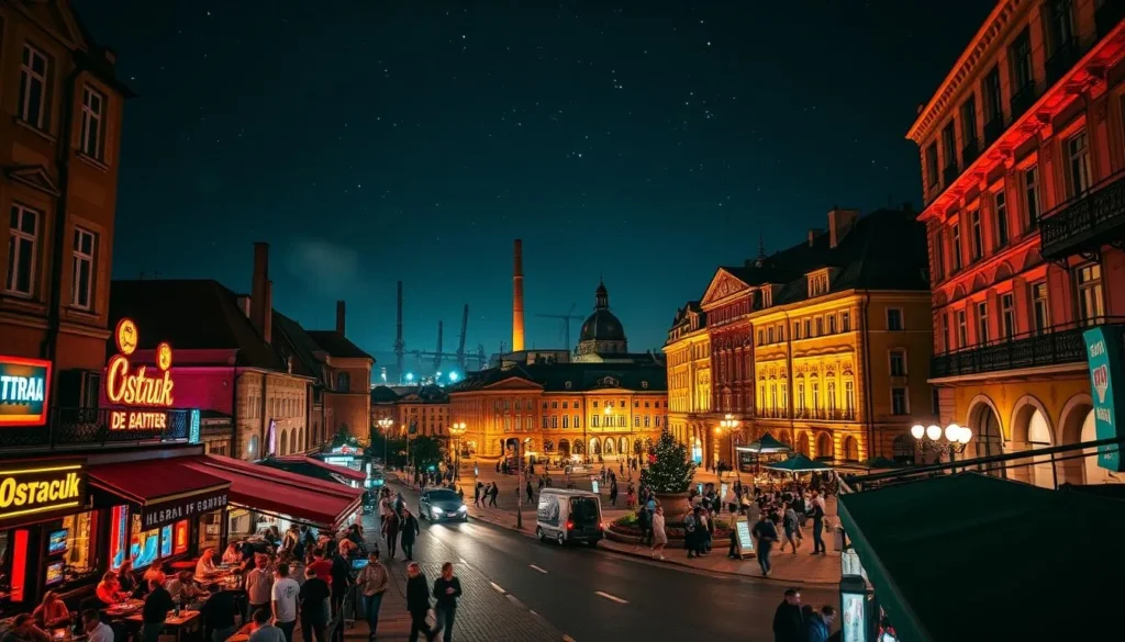 A vibrant nighttime scene in Ostrava, Czechia, showcasing the city's lively entertainment district. In the foreground, a bustling street lined with neon-lit bars, clubs, and cafes, their patrons spilling out onto the sidewalks, creating a pulsing energy. In the middle ground, the iconic Masaryk Square, its historic buildings bathed in warm, inviting lighting, with people gathered around outdoor seating areas. In the background, the silhouettes of Ostrava's industrial landmarks, a testament to the city's rich heritage, set against a starry, velvety night sky. Capture the city's dynamic blend of modern nightlife and industrial charm through a cinematic, wide-angle lens, with a slightly elevated perspective to convey the vibrancy and scale of the scene.