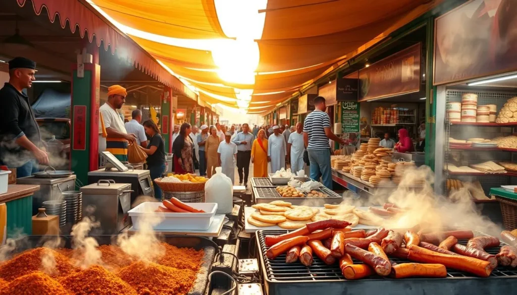 A vibrant open-air food market in Oman, with an array of colorful stalls and lively vendors. In the foreground, fragrant spices and freshly grilled meats sizzle on charcoal grills, their savory aromas wafting through the air. Middle-ground merchants offer an enticing selection of traditional Omani delicacies, from flaky flatbreads to sweet pastries and seasonal produce. In the background, a bustling crowd meanders through the lively atmosphere, immersed in the energy and rich cultural heritage of the scene. Warm, golden sunlight filters through the canopies, casting a welcoming glow and lending an inviting, festive ambiance to the vibrant Omani food experience.