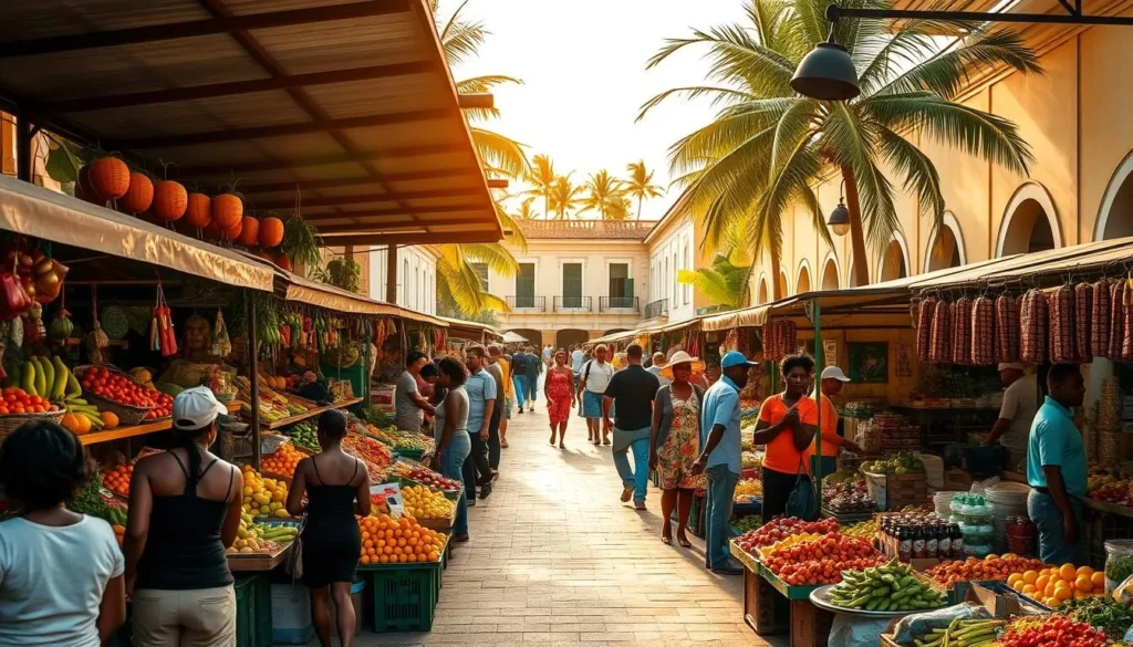 A vibrant open-air market bustles in the heart of Cayenne, French Guiana. Stalls overflow with an abundance of tropical fruits, vegetables, and spices, their vibrant colors and tantalizing aromas filling the air. Locals and visitors alike browse the stalls, haggling good-naturedly with the friendly vendors. The warm, golden sunlight filters through the market's canopy, casting a soft glow over the lively scene. In the background, colonial-era buildings and palm trees frame the bustling marketplace, creating a charming and authentic atmosphere. This is a place where the local culture is on full display, inviting you to immerse yourself in the rhythms and traditions of the region.