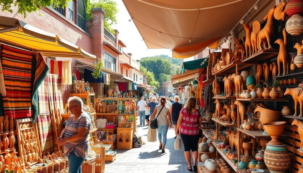 A vibrant open-air market in the heart of a quaint Uruguayan town, filled with an array of handcrafted local art and artisanal goods. Colorful woven textiles, intricately carved wooden figurines, and gleaming ceramic pottery adorn the stalls, creating a lively and inviting atmosphere. Artisans stand ready to showcase their skills and share the stories behind their unique creations. Sunlight filters through the overhead canopies, casting a warm glow over the bustling scene. Shoppers meander through the stalls, admiring the diverse range of handmade treasures on display, capturing the essence of Uruguay's vibrant local craftsmanship.