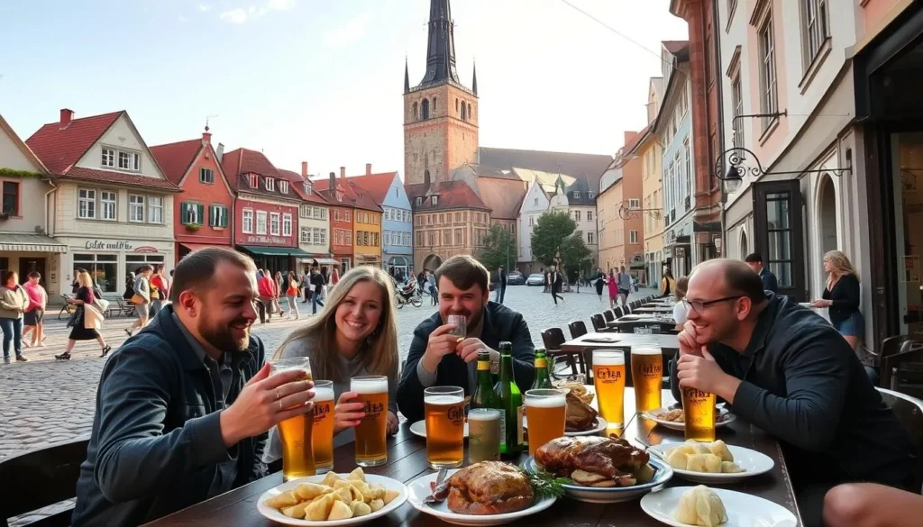 A vibrant outdoor cafe scene in the historic center of Ceske Budejovice, Czechia. In the foreground, a group of friends enjoying local craft beers and traditional Czech cuisine like roasted pork, potato dumplings, and sauerkraut. The middle ground features the charming cobblestone streets and colorful facades of the old town buildings. In the background, the iconic Black Tower and St. Nicholas Church loom large, bathed in warm afternoon sunlight. The atmosphere is lively and inviting, with people strolling by and the sounds of laughter and conversation filling the air.