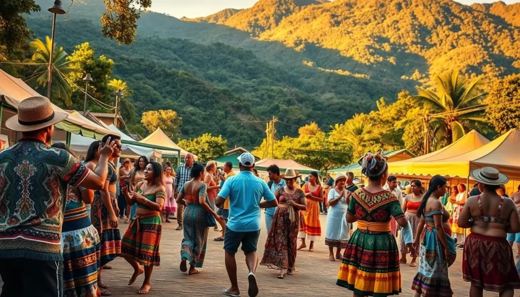A vibrant outdoor celebration in the heart of Canela, Brazil. In the foreground, colorfully dressed locals dance to the rhythmic beats of traditional music, their lively movements captured by a crisp wide-angle lens. The middle ground showcases artisanal food stalls and craft vendors, their wares arranged in a visually appealing manner. In the background, the lush, verdant landscape of Canela National Park provides a stunning natural backdrop, bathed in warm, golden afternoon sunlight. The overall atmosphere exudes a joyful, festive spirit, inviting the viewer to immerse themselves in the cultural richness of this seasonal event.