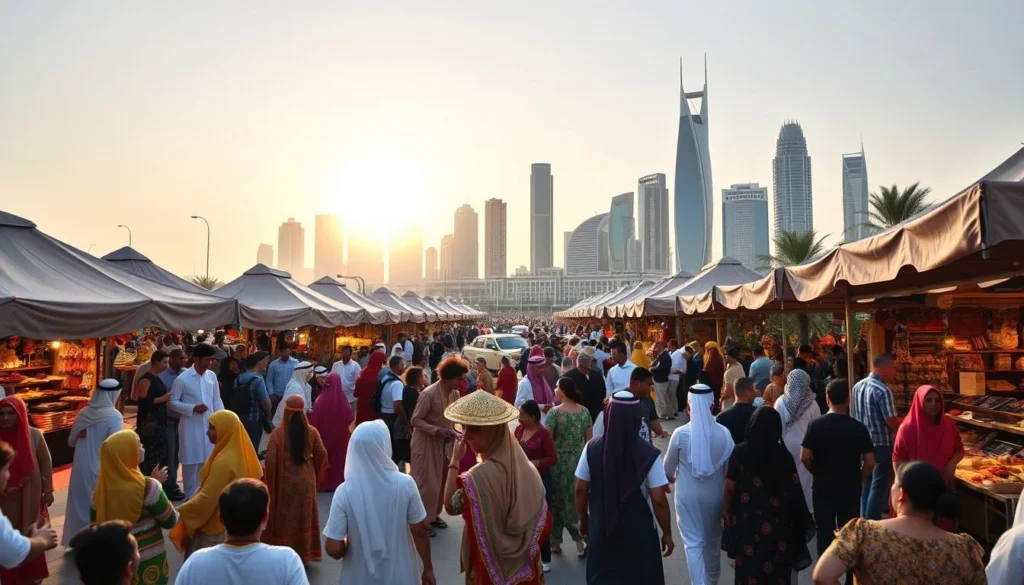 A vibrant outdoor festival in Doha, Qatar, showcasing the country's rich cultural heritage. The foreground features a lively crowd of locals and tourists immersed in traditional dance performances, colorful costumes, and live music. The middle ground displays artisanal stalls selling handcrafted goods, fragrant spices, and local delicacies. In the background, the iconic modern architecture of Doha's skyline provides a stunning contrast, bathed in the warm glow of the sun. The scene is lit by natural daylight, with a soft, diffused quality that enhances the festive atmosphere. The image conveys a sense of cultural celebration, vibrancy, and the fusion of ancient traditions with contemporary Qatari identity.