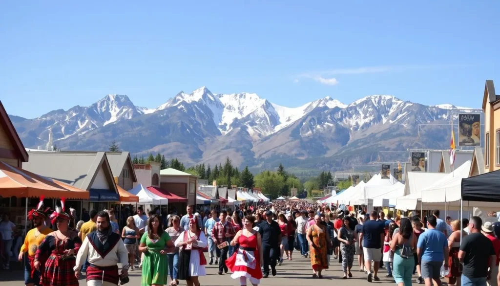 A vibrant outdoor festival in the heart of Alberta, Canada, on a warm summer day. In the foreground, a colorful parade of traditional dancers and musicians, their costumes and instruments reflecting the diverse cultural heritage of the region. In the middle ground, rows of food stalls and artisan vendors, their wares spilling out onto the bustling streets. The background features the iconic Rocky Mountains, their snow-capped peaks towering over the lively scene, bathed in warm, golden sunlight. The atmosphere is one of celebration, with crowds of people mingling and enjoying the festivities. Capture the energy, vibrancy, and natural beauty of Alberta's renowned festivals.