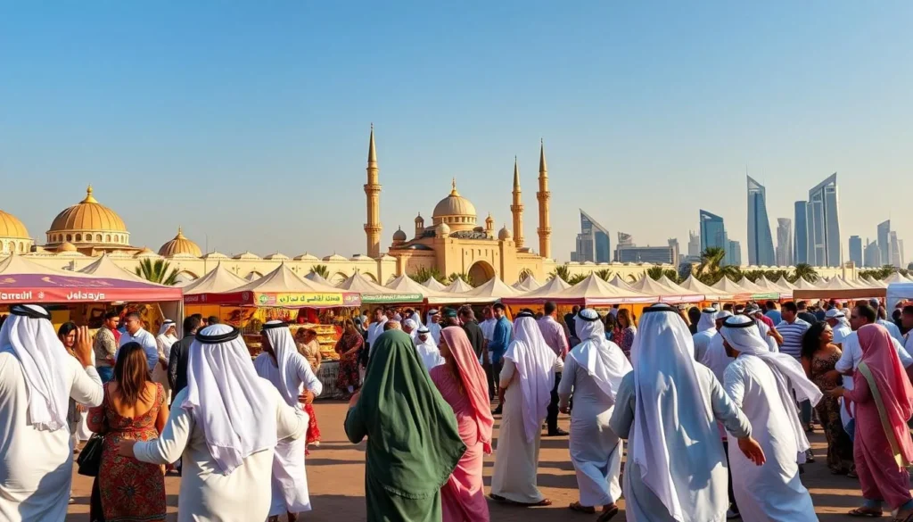 A vibrant outdoor festival scene in Qatar, with lively crowds gathered under a clear blue sky. In the foreground, people in traditional Qatari attire dance and celebrate, their colorful robes and headdresses swaying. In the middle ground, vendors offer an array of local delicacies and handicrafts, creating a bustling marketplace atmosphere. The background features iconic Qatari architecture, with domed mosques and modern skyscrapers creating a captivating skyline. Warm, golden lighting illuminates the festivities, evoking a sense of cultural richness and community. The overall scene conveys the unique, seasonal nature of Qatari festivals, brimming with vibrant energy and proud cultural traditions.