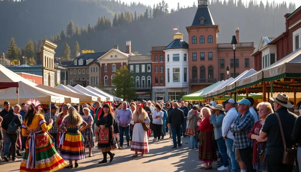 A vibrant outdoor festival scene in the heart of Fort St. John, British Columbia. In the foreground, colorfully dressed performers engage the crowd with traditional dances and music. In the middle ground, local artisans showcase their handcrafted wares at artisanal booths. In the background, the iconic architecture of historic buildings creates a picturesque backdrop, bathed in warm, golden sunlight. The atmosphere is lively and celebratory, capturing the rich cultural heritage and community spirit of this northern Canadian city.