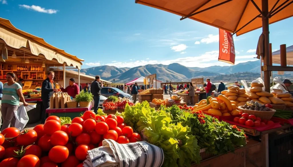 A vibrant outdoor market in Cajamarca, Peru, bustling with local vendors showcasing an array of tantalizing culinary delights. In the foreground, a colorful display of freshly harvested produce - juicy tomatoes, crisp lettuce, and vibrant peppers. The middle ground features artisanal stalls offering traditional Cajamarca specialties, such as the iconic queso helado (ice cream-like cheese dessert) and savory empanadas. In the background, a picturesque Andean landscape with rolling hills and a clear blue sky, creating a serene and inviting atmosphere. Warm natural lighting illuminates the scene, capturing the vibrant hues and textures of the local cuisine. The overall mood is one of authentic, mouthwatering Cajamarca culinary culture.