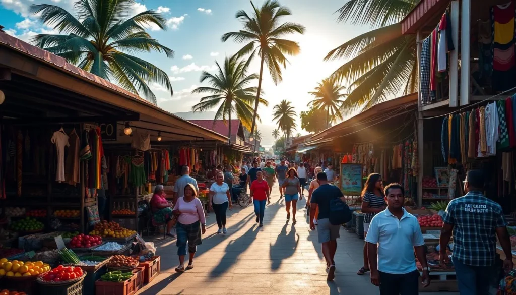 A vibrant outdoor market in the heart of Puerto Cabello, Venezuela. Bustling stalls display an array of colorful local crafts, fresh produce, and handmade textiles. Lively vendors engage with shoppers, creating a captivating atmosphere. The sun casts a warm glow, illuminating the scene. In the background, palm trees sway gently, and the distant sounds of the Caribbean Sea create a tranquil ambiance. Pedestrians meander through the market, immersed in the lively local culture and traditions. Capture the essence of shopping in this vibrant coastal town.