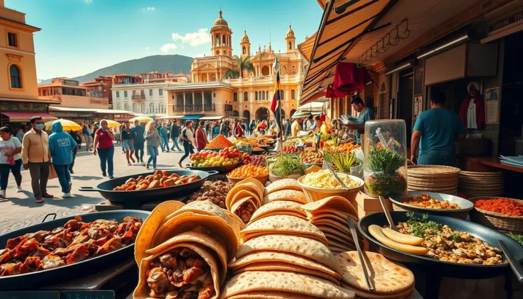 A vibrant outdoor market in the heart of San Cristobal, Venezuela, featuring an array of local culinary delights. In the foreground, vendors display an enticing spread of freshly grilled arepas, filled with savory meats, melted cheese, and aromatic seasonings. Sizzling pans of traditional Venezuelan dishes, such as pabellón criollo and hallacas, fill the air with tantalizing aromas. In the middle ground, colorful baskets brim with tropical fruits, exotic spices, and fragrant herbs, inviting visitors to immerse themselves in the rich flavors of the region. The background is a vibrant urban landscape, with the iconic architecture of San Cristobal providing a stunning backdrop to this lively gastronomic scene. The warm, golden light of a sun-dappled day casts a welcoming glow over the entire tableau, creating a captivating and authentic representation of the local cuisine in San Cristobal.