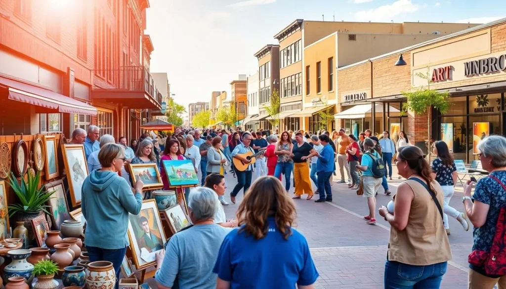 A vibrant outdoor scene in Centennial, Colorado, showcasing the city's rich arts and cultural heritage. In the foreground, a group of local artisans display their handcrafted wares - pottery, paintings, and unique jewelry - under the warm glow of the sun. In the middle ground, a lively street performance captivates onlookers, with musicians playing traditional instruments and dancers moving to the rhythm. In the background, the facades of historic buildings and modern art galleries line the bustling street, creating a harmonious blend of the old and the new. The atmosphere is one of community, creativity, and celebration, inviting visitors to immerse themselves in the vibrant culture of Centennial.