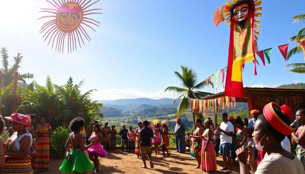 A vibrant outdoor scene in Guyana, bathed in warm sunlight. In the foreground, a lively cultural celebration with colorfully dressed dancers, musicians playing traditional instruments, and locals engaged in festive activities. The middle ground showcases elaborate decorations, including intricate handcrafted masks and vibrant banners. In the background, a picturesque landscape featuring lush tropical foliage, rolling hills, and a clear blue sky. The overall atmosphere is one of joy, energy, and cultural richness, capturing the essence of Guyana's vibrant traditions.