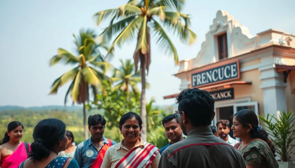 A vibrant outdoor scene in Puducherry, India, showcasing the French colonial influence on the local languages. In the foreground, a group of people converse animatedly, their body language and facial expressions reflecting the lively exchange. The middle ground features a quaint French-style building, its architecture and signage hinting at the language's historical prominence. In the background, a verdant landscape with palm trees and a clear blue sky create a warm, inviting atmosphere. Soft, natural lighting illuminates the scene, casting subtle shadows and highlighting the diverse cultural elements. The overall composition conveys the rich linguistic heritage and the enduring French influence on the Puducherry region.