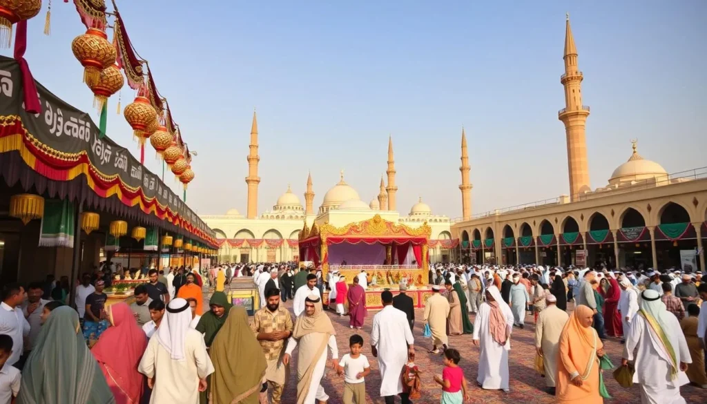 A vibrant outdoor scene of Eid al-Adha celebrations in Riyadh, Saudi Arabia. In the foreground, a diverse crowd of people in traditional and modern attire gather around an ornately decorated main stage, with colorful banners and lanterns adorning the area. In the middle ground, vendors sell traditional sweets, incense, and handcrafted goods, while children play joyfully. The background showcases the stunning architecture of the city, with the iconic minarets of mosques rising gracefully against a clear, azure sky. The atmosphere is filled with a sense of community, reverence, and the celebratory spirit of the religious holiday. Warm, natural lighting casts a gentle glow over the entire scene, creating a serene and inviting ambiance.