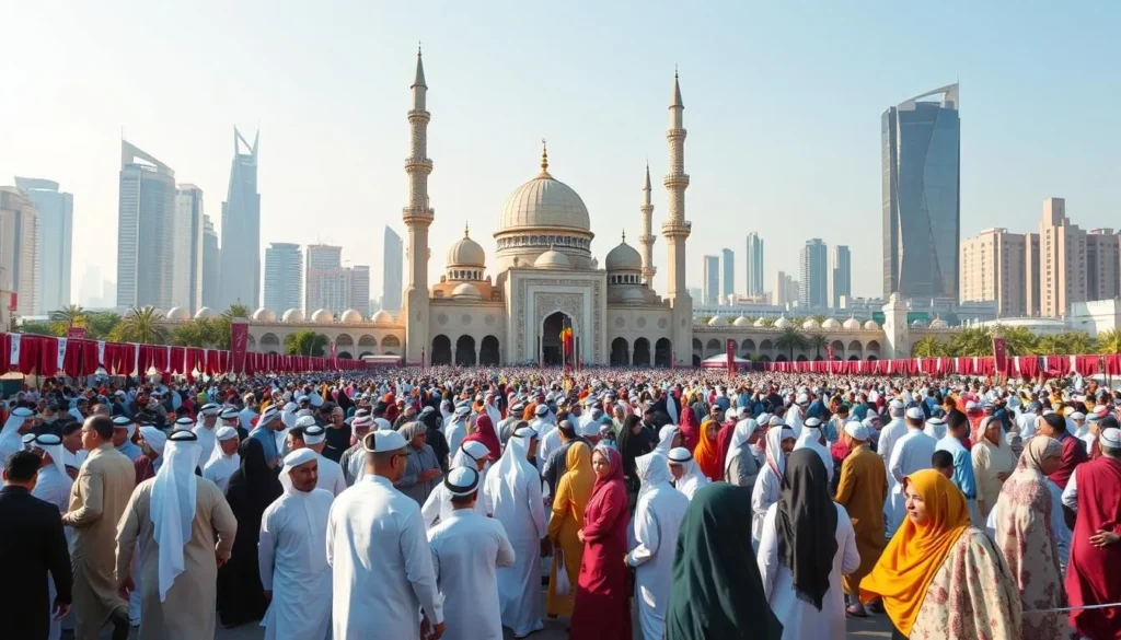 A vibrant outdoor scene of Eid celebrations in Doha, Qatar. In the foreground, a bustling crowd of people wearing traditional Qatari attire, including thobes, bisht, and hijabs, gathered around a central gathering area. In the middle ground, a grand mosque with intricate architectural details and minarets stands as the focal point, its domes reflecting the warm sunlight. The background features a modern skyline of skyscrapers and Qatar's iconic architecture, hinting at the country's blend of tradition and progress. The atmosphere is joyous and celebratory, with a sense of community and cultural pride palpable throughout the scene.