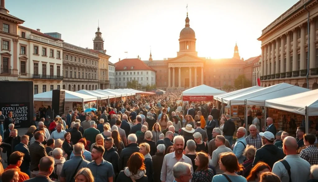 A vibrant outdoor scene of a literary festival in Helsinki, Finland. The foreground features a crowd of people gathered around a central stage, where authors and poets are giving animated readings and performances. The middle ground showcases booths selling books, literary merchandise, and artisanal crafts. In the background, historic buildings and landmarks create a picturesque urban setting, bathed in warm, golden sunlight. The atmosphere is one of lively celebration, intellectual discourse, and artistic expression. Capture this scene with a wide-angle lens to convey the energy and scale of the event.