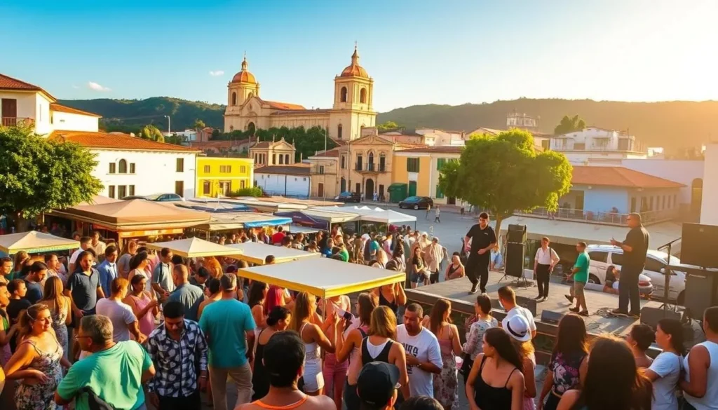 A vibrant, outdoor scene of the Mompox Jazz Festival in the historic town of Santa Cruz de Mompox, Colombia. In the foreground, a lively crowd of attendees dancing and swaying to the rhythmic beats of a jazz band performing on a raised stage. The middle ground features colorful vendor stalls selling local crafts and delicious street food. In the background, the picturesque colonial architecture of Mompox's old town serves as a stunning backdrop, bathed in warm, golden afternoon sunlight. The atmosphere is one of joyful celebration, with a palpable energy and festive mood filling the air.