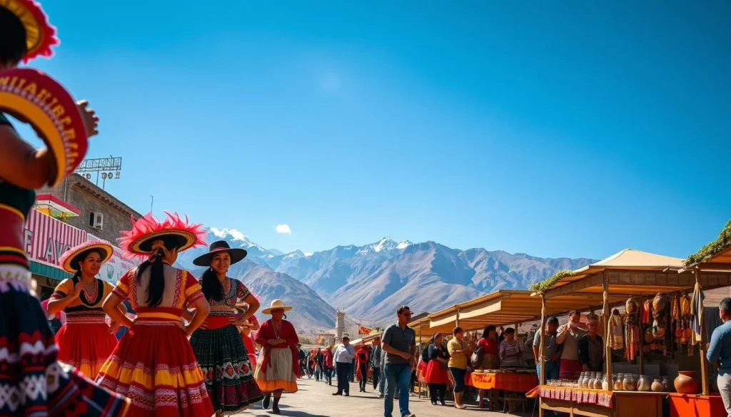 A vibrant outdoor scene set in Peru, capturing the essence of local festivals. In the foreground, a lively parade featuring colorfully dressed dancers moving to the rhythmic beat of traditional Andean music. In the middle ground, a bustling market with stalls offering handcrafted textiles, pottery, and mouth-watering Peruvian cuisine. The background showcases the stunning Andes mountains, with a clear blue sky overhead illuminating the festive atmosphere. Warm, natural lighting casts a golden glow, creating an inviting and immersive experience. The overall composition evokes a sense of cultural richness, community, and the joy of participating in a beloved Peruvian tradition.
