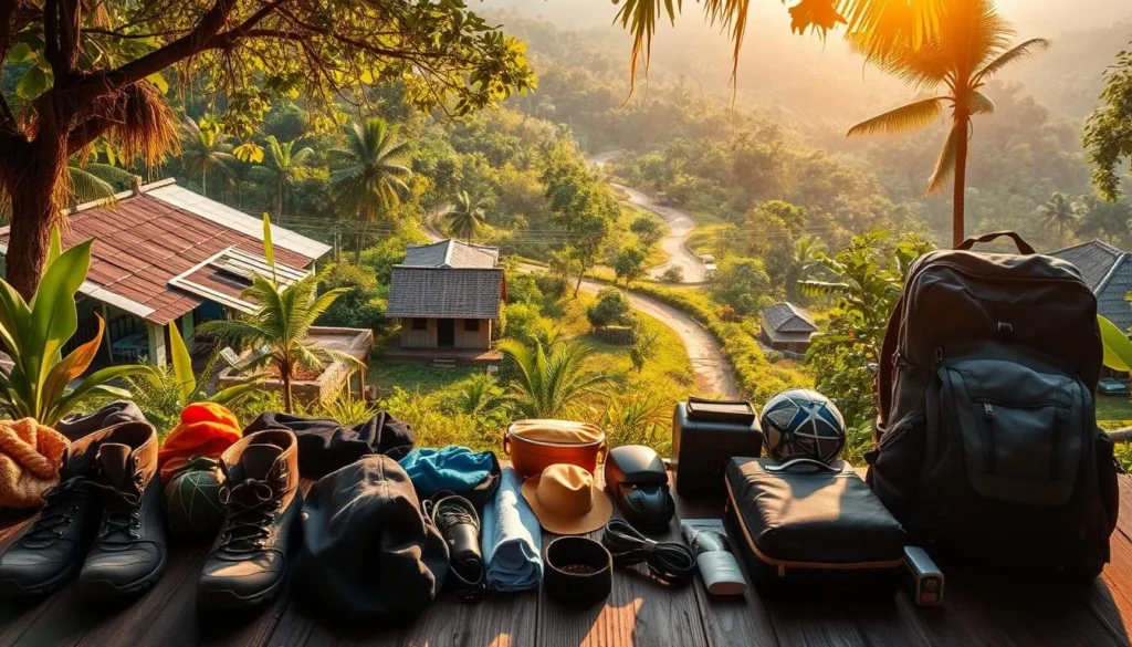 A vibrant packing scene set in the lush, verdant landscape of Puerto Maldonado. In the foreground, an array of essential travel items are meticulously arranged - hiking boots, lightweight clothing, sun protection, and a sturdy backpack. The middle ground features a picturesque rural backdrop, with thatched-roof buildings and winding paths leading into the dense, verdant foliage of the Amazon rainforest. Warm, golden sunlight filters through the canopy, casting a soft, inviting glow over the entire scene. The overall mood is one of adventurous anticipation, perfectly capturing the spirit of a Puerto Maldonado expedition.