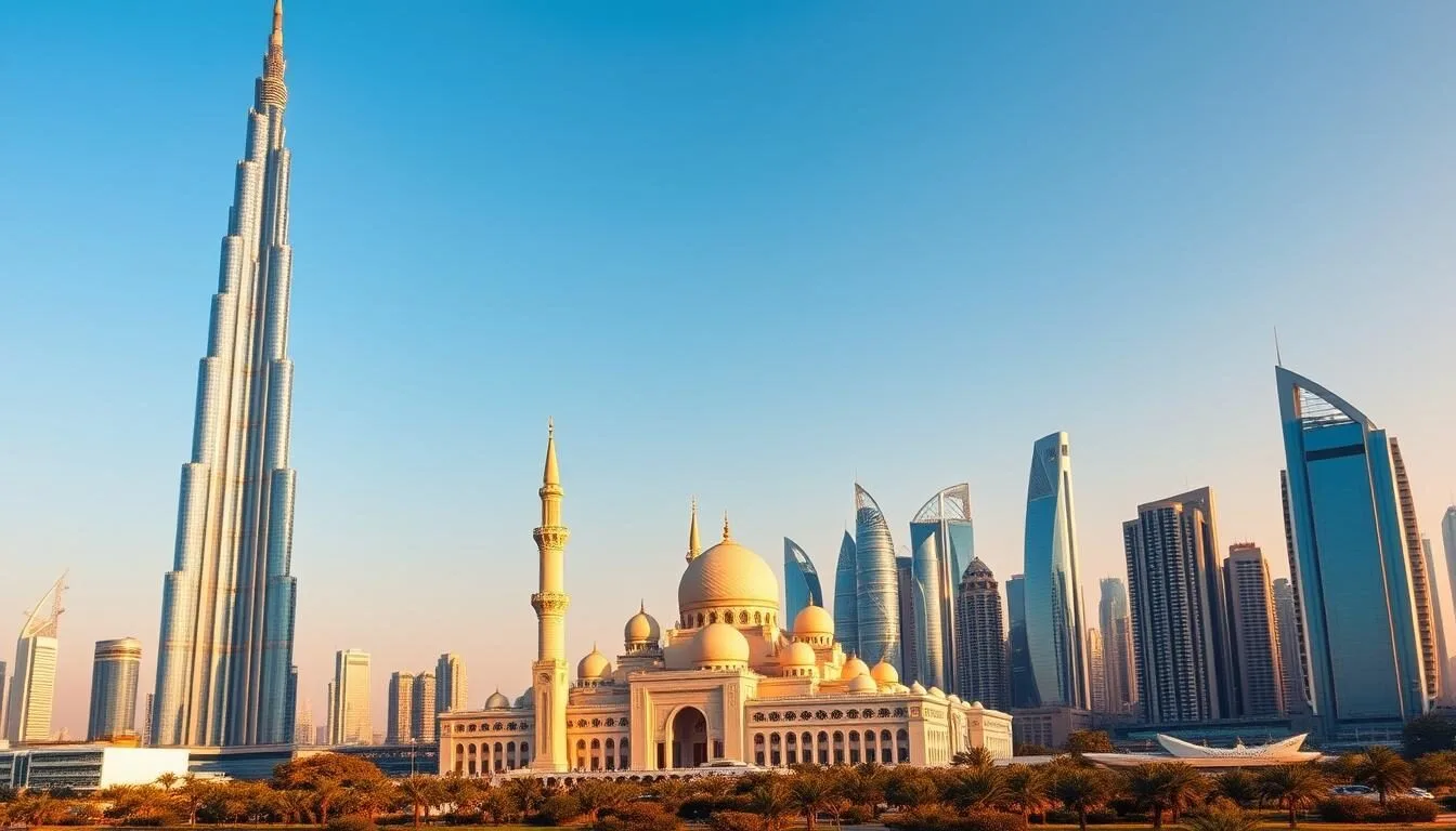 A vibrant panoramic view of the United Arab Emirates' most iconic landmarks against a clear azure sky. In the foreground, the majestic Burj Khalifa, the world's tallest building, stands tall and proud, its sleek glass and steel façade glistening in the warm sun. In the middle ground, the iconic Sheikh Zayed Grand Mosque, with its ornate domes and minarets, commands attention. In the background, the stunning skyline of Dubai's modern skyscrapers rises, reflecting the country's remarkable growth and development. The scene is bathed in a warm, golden light, creating a serene and awe-inspiring atmosphere that captures the essence of the UAE's top attractions.