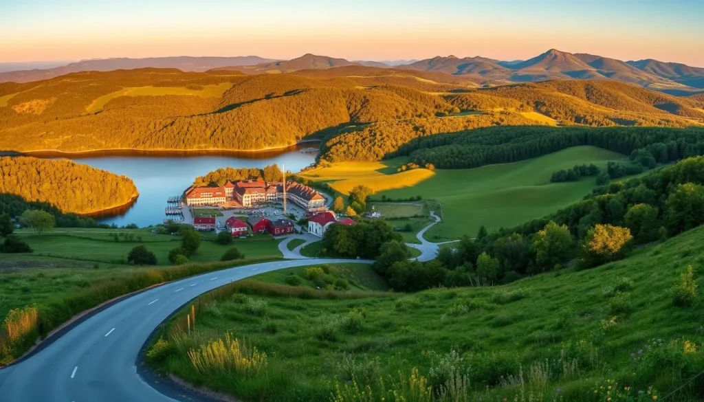 A vibrant panoramic view of the scenic countryside surrounding Zarasai, Lithuania. In the foreground, a winding country road leads to a charming lakeside village, its colorful buildings and docks reflected in the calm waters. The middle ground features lush rolling hills blanketed in verdant foliage, dotted with patches of wildflowers. In the distance, the horizon is crowned by a range of rugged, forest-clad mountains bathed in warm, golden sunlight. The scene is infused with a sense of tranquility and natural beauty, inviting the viewer to embark on an idyllic day trip from the town of Zarasai.