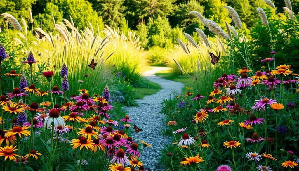 A vibrant pollinator garden in full bloom, bathed in warm afternoon sunlight. In the foreground, a lush tapestry of native wildflowers - bursts of color from coneflowers, black-eyed Susans, and milkweed. Butterflies and bees flit from blossom to blossom, pollinating the plants. In the middle ground, a winding gravel path leads the eye deeper into the garden, flanked by towering, swaying grasses. Beyond, a verdant backdrop of trees and shrubs creates a peaceful, naturalistic setting. The scene exudes a sense of tranquility and abundance, capturing the essence of a thriving pollinator oasis.