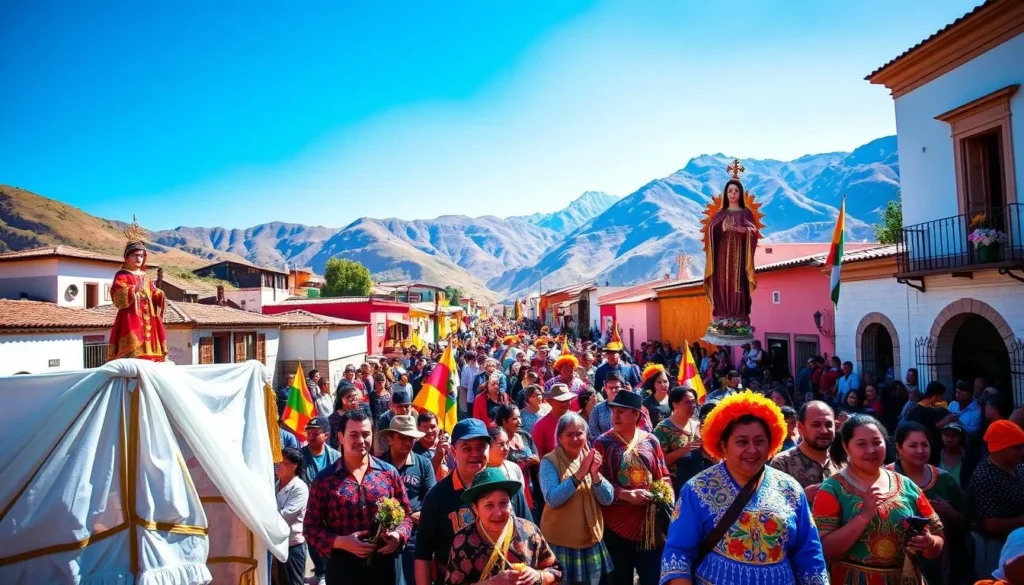 A vibrant processional parade in the colorful town of Paucartambo, Peru, during the Virgen del Carmen festival. In the foreground, crowds of locals and visitors dressed in traditional Andean attire carry colorful banners, statues, and elaborate costumes, their joyful expressions radiating the celebratory atmosphere. In the middle ground, a grand procession winds through the quaint colonial streets, adorned with flags, flowers, and religious iconography. The background showcases the stunning Andean mountain landscape, with verdant peaks and a clear blue sky overhead, bathing the scene in warm, golden light. The mood is one of reverence, community, and vibrant cultural heritage.
