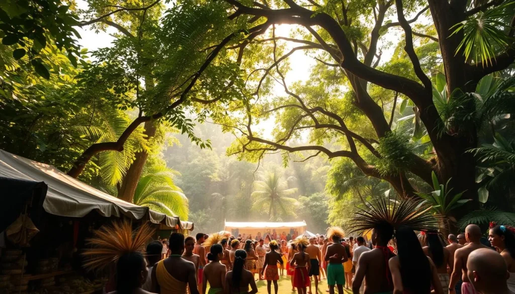 A vibrant rainforest festival in the heart of French Guiana. The lush, verdant canopy casts dappled light upon the bustling crowd below, adorned in colorful costumes and headdresses. In the foreground, vendors offer an array of local crafts, spices, and fresh tropical fruits. The middle ground is alive with dancers performing traditional rituals to the rhythmic beats of drums and flutes. In the background, the towering trees frame the scene, their branches swaying gently in the warm breeze. Soft, golden sunlight filters through the leaves, creating a magical, otherworldly atmosphere. The overall mood is one of celebration, community, and deep connection to the natural world.
