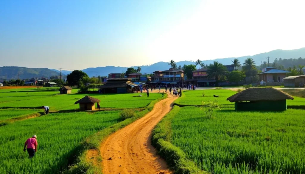 A vibrant rural scene in Baranagar, West Bengal, on a sun-dappled day. In the foreground, a well-worn dirt path winds through lush green fields, dotted with farmers tending to their crops. Thatched-roof huts and modest dwellings line the edges, their residents going about their daily chores. In the middle ground, a cluster of colorful local shops and small businesses buzz with activity, their wares spilling out onto the streets. In the background, rolling hills and a clear blue sky frame the tranquil village, conveying a sense of timeless, unhurried living. The warm, golden light casts a cozy, inviting glow over the entire scene.
