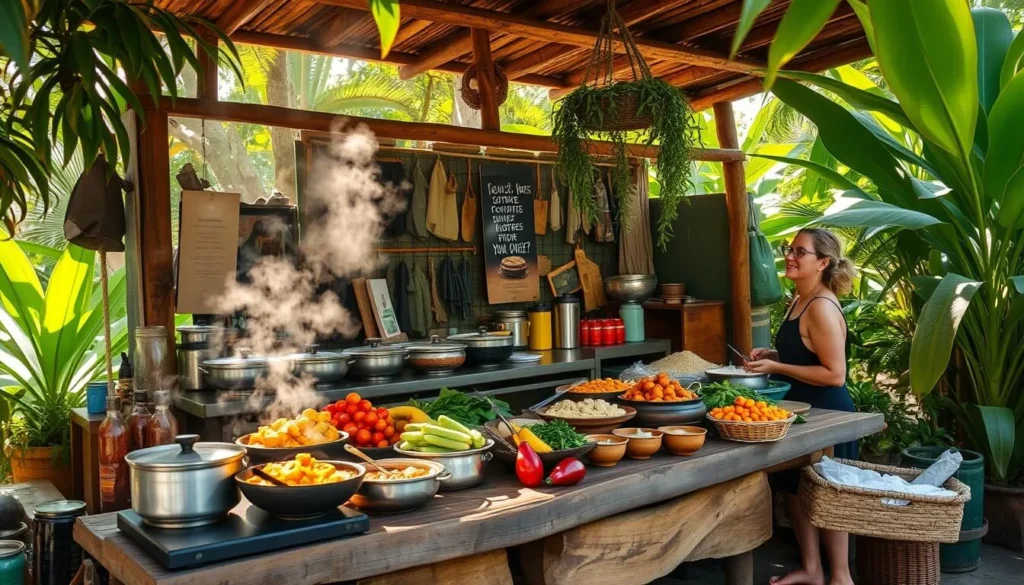 A vibrant, rustic food stall nestled amid lush Amazonian greenery, its wooden counter laden with an array of freshly prepared local delicacies. Steaming pots of hearty stews, vibrant tropical fruits, and fragrant herbs fill the air with inviting aromas. Sunlight filters through the canopy, casting a warm, golden glow over the scene. Friendly vendors enthusiastically present their offerings, eager to share the flavors of the region. The atmosphere is one of genuine hospitality, inviting visitors to immerse themselves in the authentic, time-honored culinary traditions of the Amazon.
