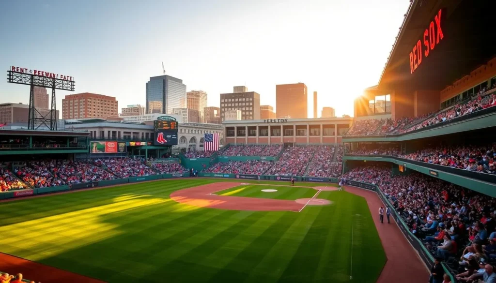 A vibrant scene at Fenway Park, the iconic home of the Boston Red Sox. The classic brick facade and the iconic "RED SOX" sign are bathed in warm afternoon sunlight, casting a golden glow across the field. Crowds of enthusiastic fans fill the stands, their energy palpable as they cheer on their beloved team. In the foreground, the manicured grass and pristine baseball diamond set the stage for an exciting game, the players' movements captured in a dynamic blur. The surrounding cityscape of Boston provides a picturesque backdrop, highlighting the park's integration with the urban landscape. An exhilarating atmosphere of sports, community, and civic pride pervades the scene.