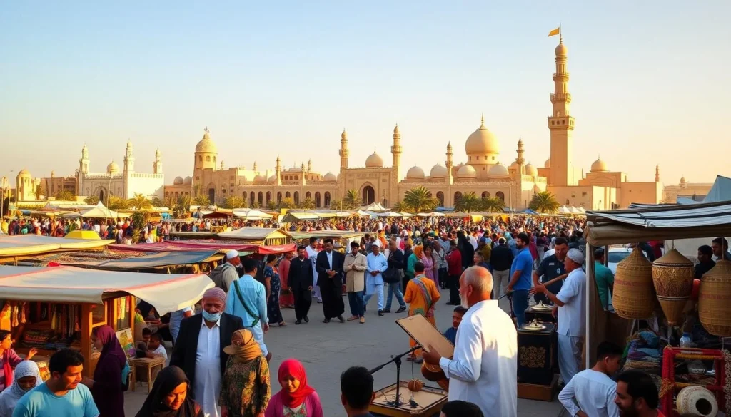 A vibrant scene of Al-Hudaydah's lively cultural events. In the foreground, a bustling marketplace filled with colorful stalls, local artisans showcasing their handcrafted wares, and crowds of people immersed in the lively atmosphere. The middle ground features a traditional music performance, with musicians playing lively melodies on regional instruments. In the background, the iconic architecture of Al-Hudaydah, with its distinct Arabian-style buildings and minarets, creates a picturesque setting. The lighting is warm and golden, casting a soothing glow over the entire scene, capturing the vibrant and welcoming ambiance of this vibrant Yemeni city.