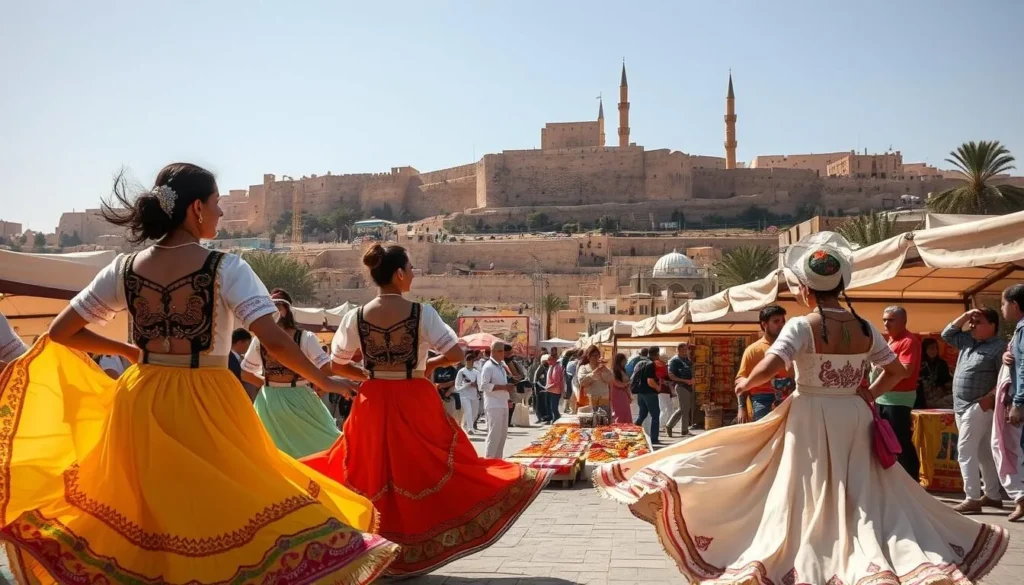 A vibrant scene of Amman's festival attire unfolds before us. In the foreground, graceful dancers sway to the rhythmic beat of traditional music, their billowing dresses and embroidered vests creating a mesmerizing display of color and movement. The middle ground reveals a bustling marketplace, where vendors offer an array of intricate jewelry, handcrafted textiles, and aromatic spices. In the background, the iconic skyline of Amman's ancient citadel rises, its ancient stone walls and towering minarets casting a warm glow under the sun's golden rays. The atmosphere is electric, infused with the joyous spirit of the local community as they celebrate their rich cultural heritage.