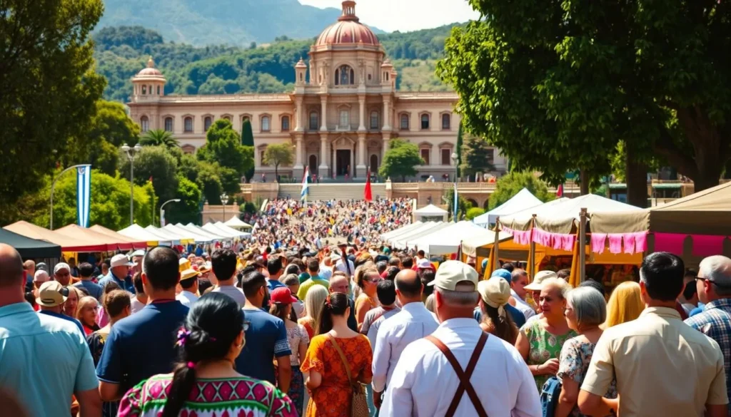 A vibrant scene of Argentina's festival planning unfolds before us. In the foreground, lively crowds gather, their colorful traditional attire swaying to the rhythm of lively music. In the middle ground, stalls brim with handcrafted goods and local delicacies, inviting visitors to immerse themselves in the rich cultural tapestry. The background showcases the majestic architecture and lush greenery that define Argentina's captivating landscapes, bathed in the warm glow of the sun. The atmosphere is one of joyous celebration, where the anticipation of an upcoming festival is palpable, drawing in both locals and travelers alike.