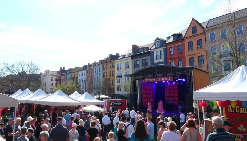 A vibrant scene of Bon Accord's seasonal events unfolds against a backdrop of a clear, sun-dappled sky. In the foreground, a bustling crowd gathers around colorful vendor stalls, offering an array of local crafts, artisanal foods, and live musical performances. The middle ground showcases a lively stage, where dancers in traditional attire gracefully move to the rhythm of folk music. In the distance, a row of historic buildings frames the event, their warm, inviting facades lending a sense of timeless charm to the festivities. The overall atmosphere radiates a mood of community, celebration, and the embracing of local heritage.
