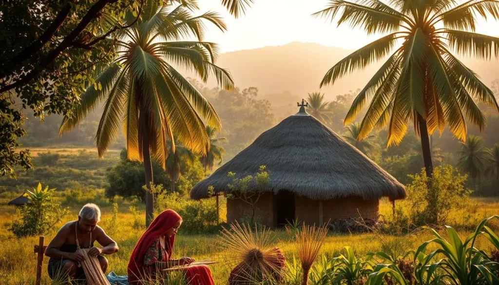 A vibrant scene of Cerrado culture unfolds in the lush, verdant landscape. In the foreground, a group of locals engage in traditional weaving, their nimble fingers deftly manipulating colorful threads. Mid-ground, a thatched-roof dwelling stands tall, its earthy tones blending seamlessly with the surrounding foliage. Towering palm trees sway gently in the soft, warm breeze, casting dappled shadows across the scene. The warm, golden hues of the afternoon sun bathe the entire composition, infusing it with a sense of timelessness and tranquility. This serene tableau invites the viewer to immerse themselves in the rich cultural heritage of the Cerrado region.