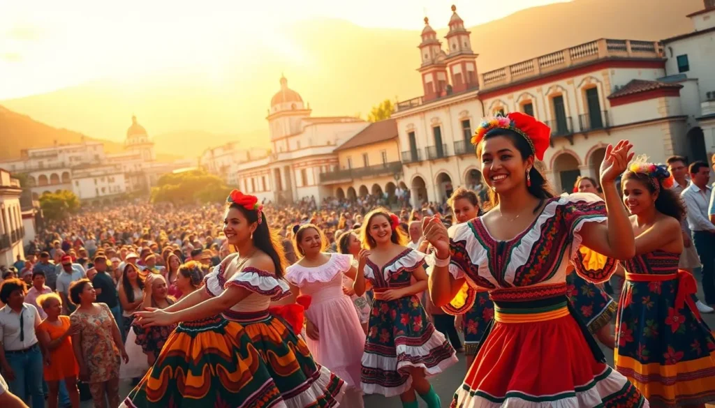 A vibrant scene of Colombia's colorful festivals unfolds before us. In the foreground, lively dancers in traditional costumes sway to the rhythm of lively music, their movements captured in a dynamic pose. The middle ground features a bustling crowd, their faces alight with joy and excitement as they participate in the festivities. In the background, a picturesque town with colonial architecture serves as the backdrop, bathed in warm, golden sunlight that illuminates the entire scene. The atmosphere is one of celebration, with a sense of community and cultural richness permeating the air. The image conveys the essence of Colombia's vibrant festival culture, inviting the viewer to immerse themselves in the country's rich traditions.