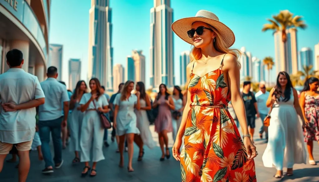 A vibrant scene of Dubai summer fashion, captured in warm, golden light. In the foreground, a stylish woman strolls along a bustling street, wearing a flowing maxi dress in a bold, tropical print. Her wide-brimmed hat casts soft shadows on her face, shielding her from the sun's rays. In the middle ground, groups of people mingle, their outfits reflecting the city's cosmopolitan flair - crisp white linens, breezy sundresses, and chic, minimalist ensembles. In the background, the iconic skyscrapers of Dubai's skyline rise majestically, their reflective facades gleaming under the clear, azure sky. The scene exudes a sense of vibrant energy, capturing the essence of Dubai's warm, weather-savvy fashion.
