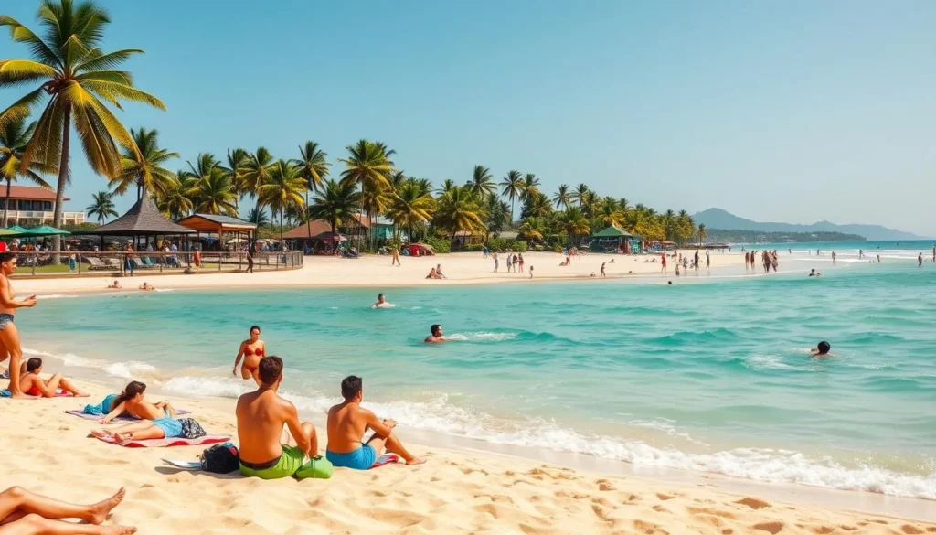 A vibrant scene of Guaruja beach, Brazil, on a sunny day. In the foreground, people leisurely sunbathe on soft, golden sand, while others swim in the crystal-clear, turquoise waters of the South Atlantic Ocean. In the middle ground, beachgoers engage in various activities - some play volleyball, others stroll along the promenade, and families build sandcastles. The background features lush, verdant palm trees swaying gently in the warm breeze, with the distant silhouette of the Guaruja coastline. The lighting is natural and diffused, creating a warm, inviting atmosphere. Captured with a wide-angle lens to convey the expansive, scenic nature of this popular Brazilian beach destination. A vibrant scene of Guaruja beach, Brazil, on a sunny day. In the foreground, people leisurely sunbathe on soft, golden sand, while others swim in the crystal-clear, turquoise waters of the South Atlantic Ocean. In the middle ground, beachgoers engage in various activities - some play volleyball, others stroll along the promenade, and families build sandcastles. The background features lush, verdant palm trees swaying gently in the warm breeze, with the distant silhouette of the Guaruja coastline. The lighting is natural and diffused, creating a warm, inviting atmosphere. Captured with a wide-angle lens to convey the expansive, scenic nature of this popular Brazilian beach destination.