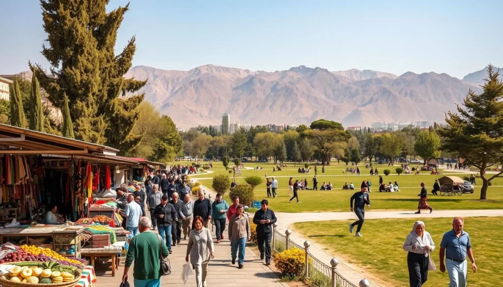 A vibrant scene of Karaj, Iran showcasing the city's lively activities. In the foreground, people stroll along a bustling market, browsing colorful stalls filled with local produce, handicrafts, and textiles. In the middle ground, a serene park setting with families picnicking, children playing, and joggers enjoying the pleasant weather. In the background, the majestic Alborz Mountains provide a stunning natural backdrop, bathed in warm, golden sunlight. The atmosphere is one of energy, community, and a deep appreciation for the region's rich cultural heritage.