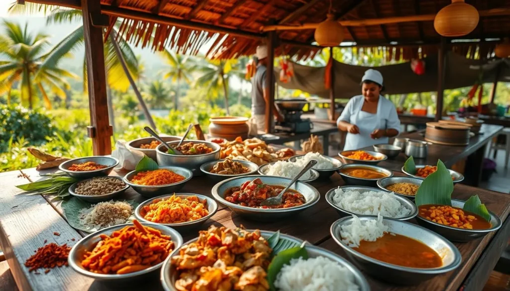 A vibrant scene of Kerala's culinary delights, captured in a sun-dappled outdoor setting. In the foreground, an array of aromatic spices, colorful curries, and fragrant rice dishes adorn a rustic wooden table. Kerala's iconic banana leaves, used as serving platters, add a natural, earthy touch. In the middle ground, local chefs in traditional attire skillfully prepare delicacies, their faces alight with passion. The background showcases the lush, verdant landscapes of Thrissur, with palm trees swaying gently in the breeze. The lighting is warm and inviting, creating an atmosphere of comfort and conviviality. Capture the vibrancy, diversity, and genuine hospitality that define the culinary culture of this captivating region.