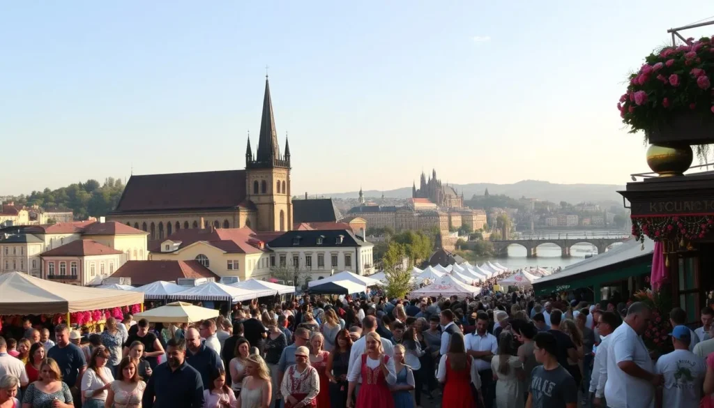 A vibrant scene of Prague's cultural festival unfolds before the viewer. In the foreground, crowds of people amble through a lively marketplace, browsing colorful handcrafted wares and sampling local cuisine. Performers in traditional costumes take center stage, entertaining the captivated audience with music and dance. The middle ground showcases the iconic architecture of Prague, including the Gothic spires of the Church of Our Lady before Týn, casting a warm, golden glow under the afternoon sun. In the distance, the silhouette of Prague Castle and the Vltava River add depth and grandeur to the panoramic view. The atmosphere is one of joyous celebration, capturing the cultural richness and vibrant spirit of Prague's festival scene.