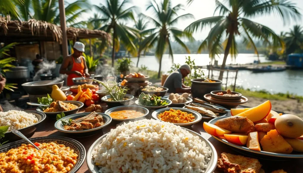 A vibrant scene of Surinamese cuisine, captured on a sunlit day in Brokopondo. In the foreground, a table laden with a colorful array of dishes - steaming rice, fragrant curry, freshly grilled fish, and an assortment of tropical fruits. Surrounding the table, lush greenery and the warm, earthy tones of a traditional Surinamese dining setting. The mid-ground features local chefs preparing the dishes with skill and care, while the background showcases the picturesque landscape of Brokopondo, with towering palm trees and a glimpse of the shimmering river. The lighting is soft and natural, creating a welcoming and inviting atmosphere that captures the essence of Surinamese cuisine and culture.