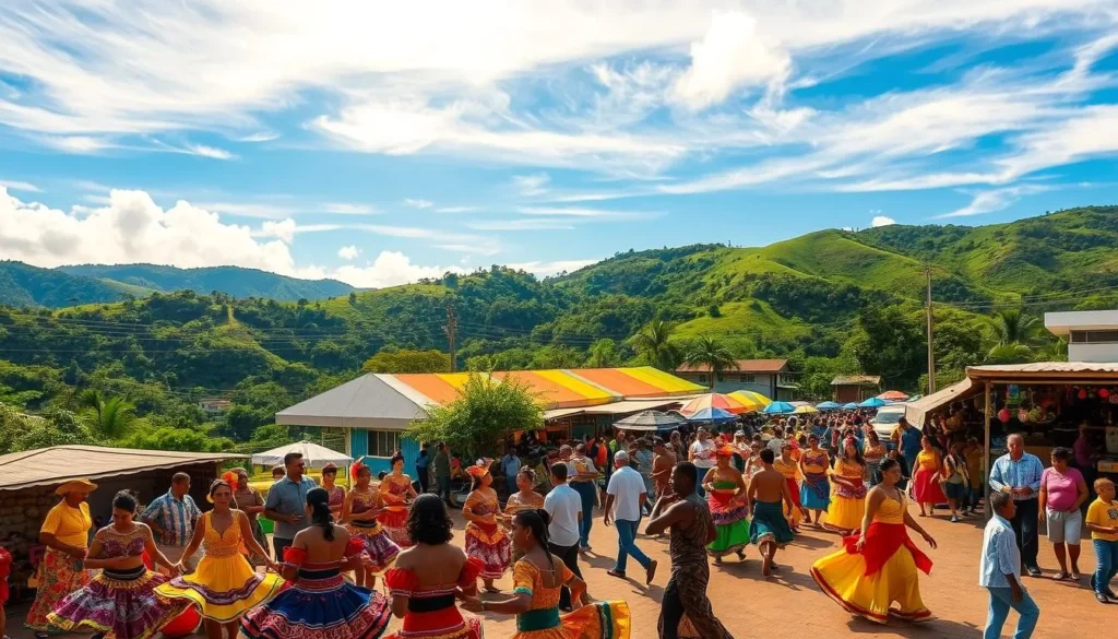 A vibrant scene of Venezuelan cultural festivals during the late rainy season. In the foreground, a colorful parade of dancers adorned in traditional costumes twirl and sway to the rhythmic beats of live music. The middle ground features a bustling marketplace filled with vendors selling handcrafted wares, tropical fruits, and aromatic street food. In the background, lush green hills and a clear, azure sky set the stage for this lively celebration of Venezuelan heritage. Warm, golden sunlight filters through wispy clouds, casting a soft, atmospheric glow over the entire scene. Capture the energy, diversity, and festive spirit of Venezuela during this transitional time of year.