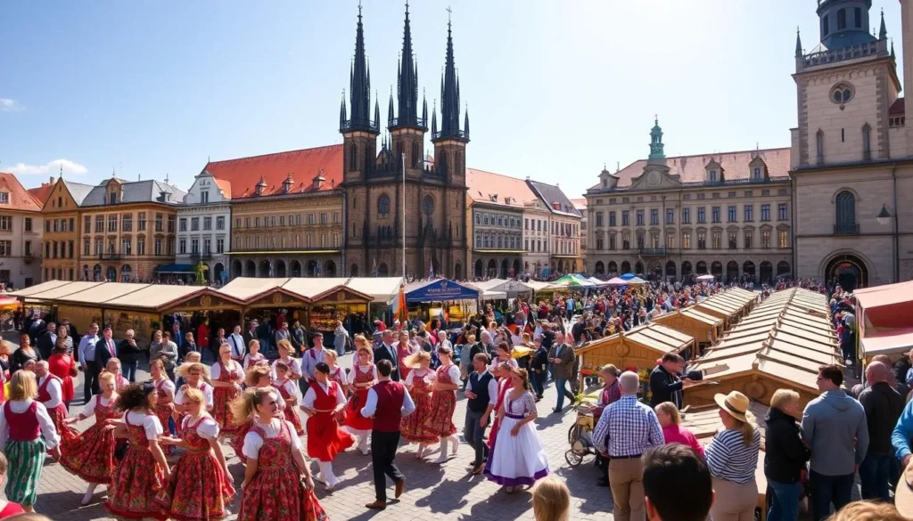 A vibrant scene of a Czech seasonal festival, captured on a bright, sun-dappled day. In the foreground, a lively parade of colorfully costumed dancers and musicians, their movements accentuated by warm, golden lighting. In the middle ground, rows of traditional market stalls offering an array of local crafts, food, and drink. In the background, the iconic architecture of a historic town square, with towering spires and grand, ornate facades. The atmosphere is one of joyous celebration, with a sense of timeless tradition and community spirit.