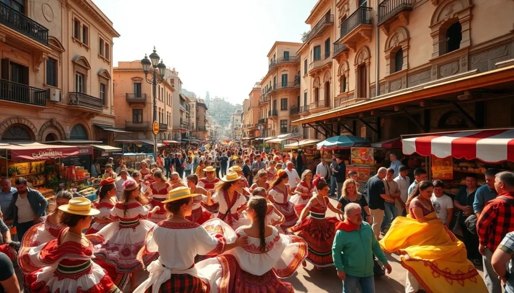 A vibrant scene of a bustling Lebanese festival unfolds before us. In the foreground, a colorful parade of traditional dancers, their intricate costumes swirling and twirling under the warm, golden sunlight. In the middle ground, a lively marketplace overflows with stalls selling fragrant spices, handcrafted souvenirs, and delectable street food. The background is a tapestry of historic buildings and ancient architecture, their facades adorned with intricate carvings and vibrant hues. The atmosphere is electric, filled with the laughter of celebrants, the hypnotic rhythms of live music, and the tantalizing aromas of a rich culinary heritage. This is the essence of a Lebanese festival, a joyous celebration of culture, tradition, and community.