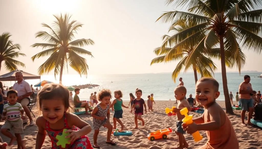 A vibrant scene of a bustling family day in Maracaibo, Venezuela. In the foreground, children joyfully play with colorful beach toys, their laughter filling the air. The middle ground features a picturesque beachfront, with palm trees swaying gently in the warm breeze. In the distance, the iconic Lake Maracaibo glitters under the golden afternoon sun, its tranquil waters inviting exploration. The mood is one of carefree relaxation, captured through a soft, natural lighting and a slightly wide-angle lens that encompasses the entire family-friendly tableau. Warm, earthy tones predominate, creating a welcoming and inclusive atmosphere.