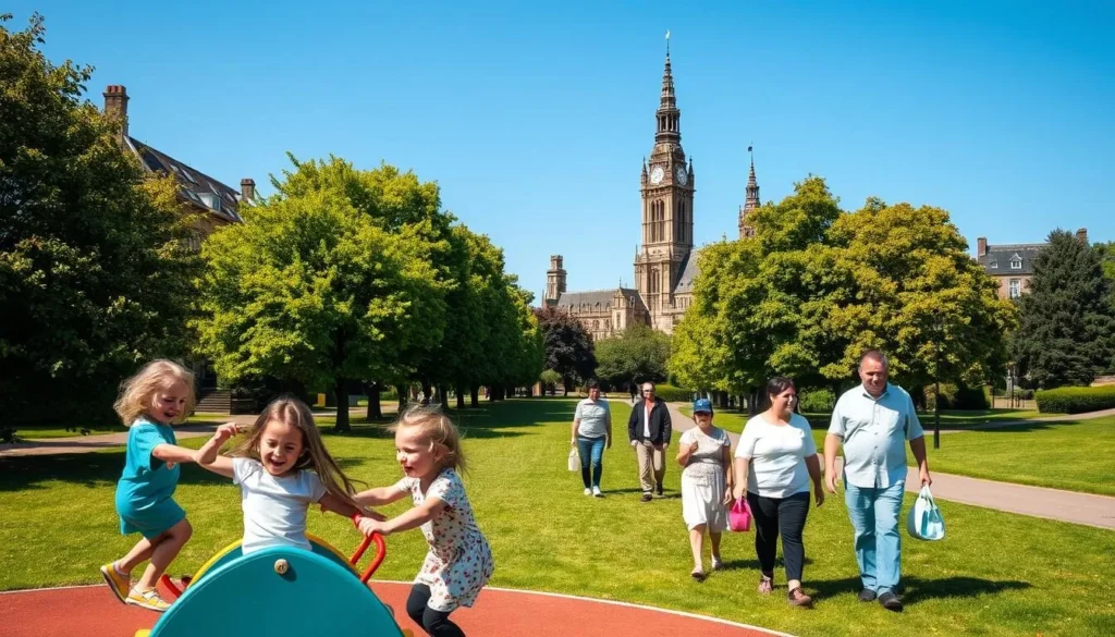 A vibrant scene of a family enjoying various activities in the London Borough of Redbridge. In the foreground, children play on a colorful, well-equipped playground, their laughter echoing through the crisp, sunlit air. In the middle ground, parents and grandparents stroll along a tree-lined path, taking in the picturesque surroundings of a lush, well-maintained park. In the background, the iconic architecture of Redbridge's historic landmarks stands tall, framed by a clear, blue sky. The overall atmosphere exudes a sense of community, leisure, and quality time spent together.
