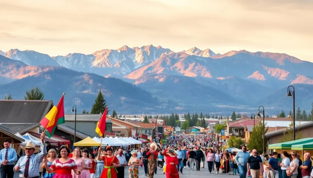 A vibrant scene of a small-town festival in the Longview area, set against the backdrop of the picturesque Rocky Mountains. In the foreground, a colorful parade with lively music, traditional dancers, and locals waving flags. In the middle ground, a bustling town square filled with food stalls, craft vendors, and families enjoying the festivities. In the distance, the majestic peaks of the mountains rise up, bathed in warm, golden sunlight. The atmosphere is one of community, celebration, and a deep appreciation for the natural beauty of the region.