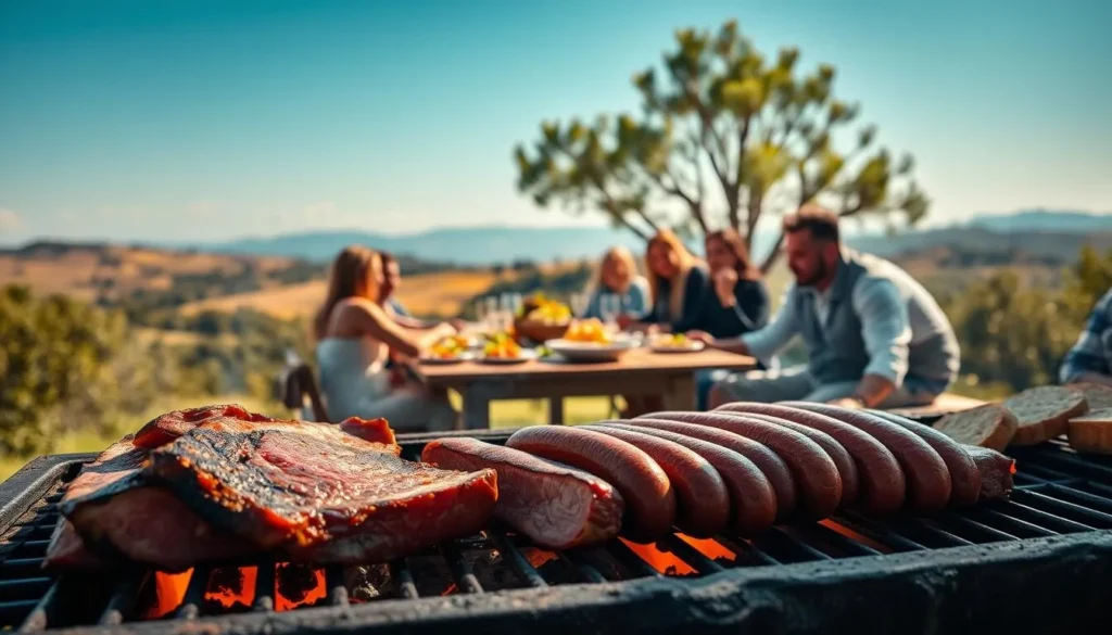 A vibrant scene of a traditional Uruguayan asado (barbecue) set against the backdrop of a lush, verdant landscape. In the foreground, sizzling cuts of prime beef and succulent chorizo sausages sit atop a rustic grill, their smoky aroma filling the air. In the middle ground, a group of friends and family gather around a long wooden table, enjoying the convivial atmosphere and the abundant spread of grilled meats, fresh salads, and crusty bread. In the background, a picturesque view of rolling hills and a clear blue sky, creating a sense of tranquility and the perfect setting for this quintessential Uruguayan dining experience. Warm, soft lighting casts a golden glow over the scene, enhancing the cozy, welcoming ambiance.