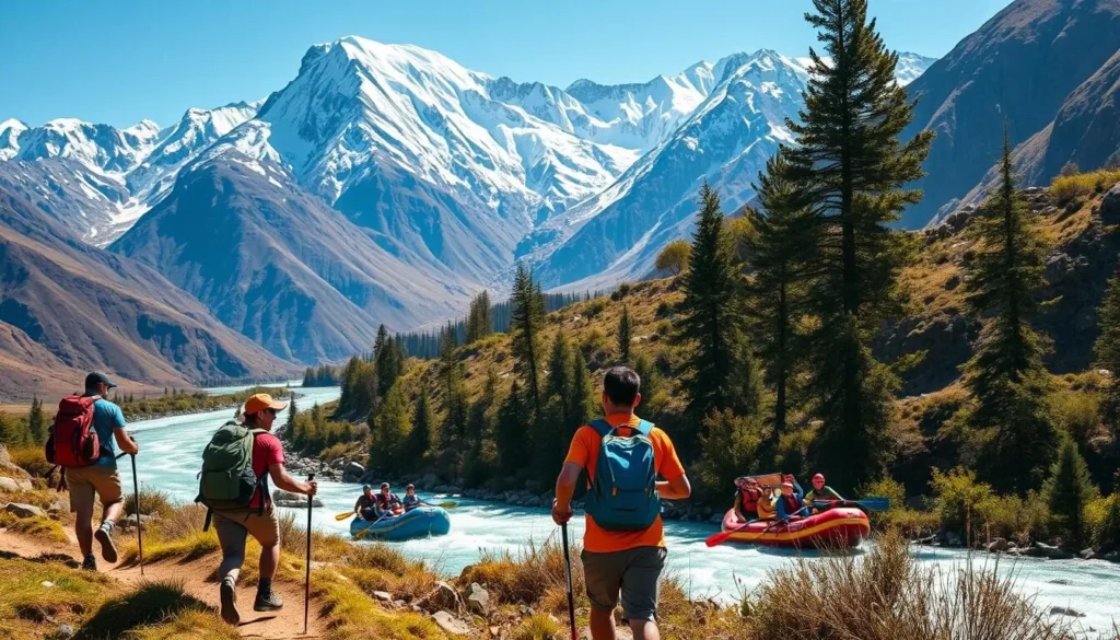 A vibrant scene of adventure activities in the stunning Mérida region of the Venezuelan Andes. In the foreground, a group of hikers navigates a winding mountain trail, their backpacks and hiking poles visible. In the middle ground, a whitewater rafting team navigates a cascading river, paddles slicing through the turquoise water. In the background, the majestic snow-capped peaks of the Andes mountains rise up, bathed in warm, natural lighting. The atmosphere is one of exploration, thrill, and the grandeur of the natural landscape.